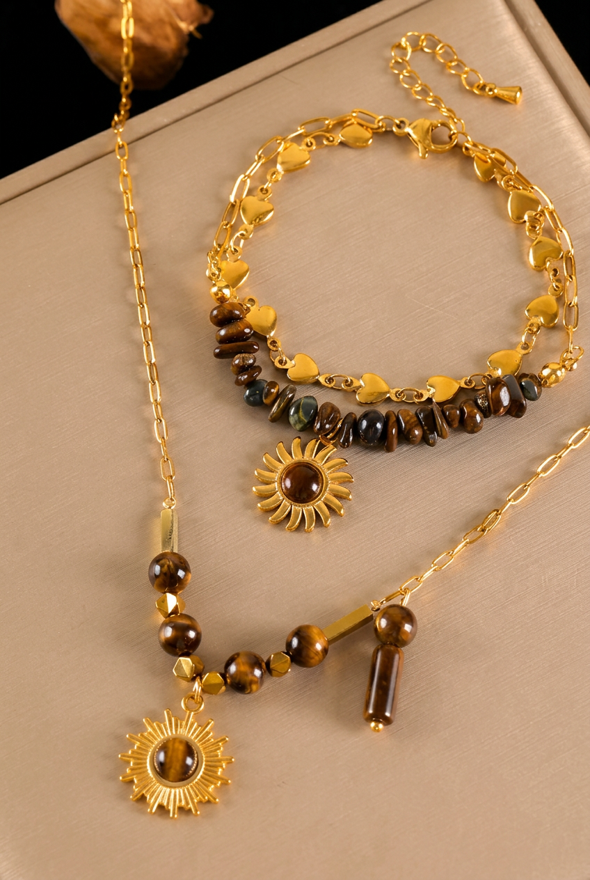 Ayana gold necklace and bracelet set with brown beads and sun charms — Alphenik UAE