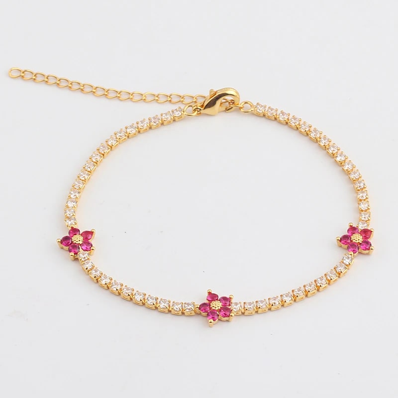 Vera gold tennis bracelet with pink flower zircons, Alphenik UAE