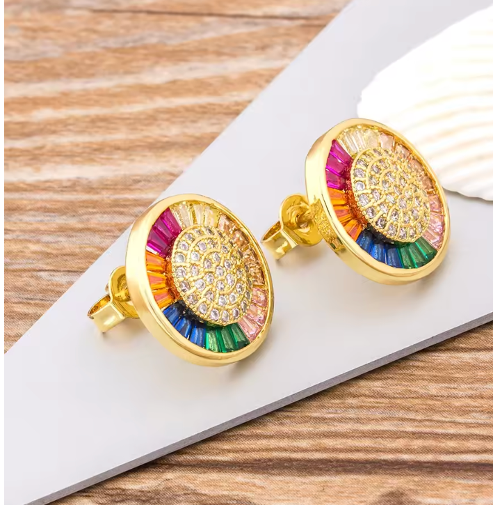 Mira gold rainbow stud earrings side view — Alphenik UAE