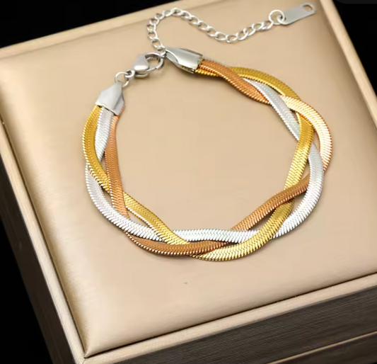 Palina tri-tone braided bracelet in gold, silver and rose gold stainless steel — Alphenik UAE