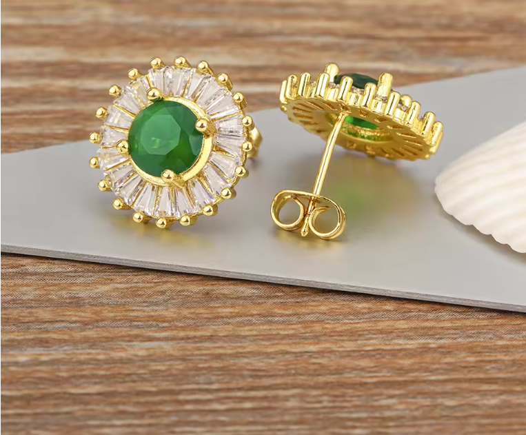 Solange 18K gold plated green zircon halo stud earrings — Alphenik UAE
