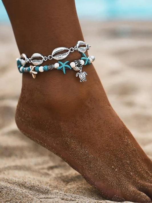 2pcs Shell & Starfish Anklet